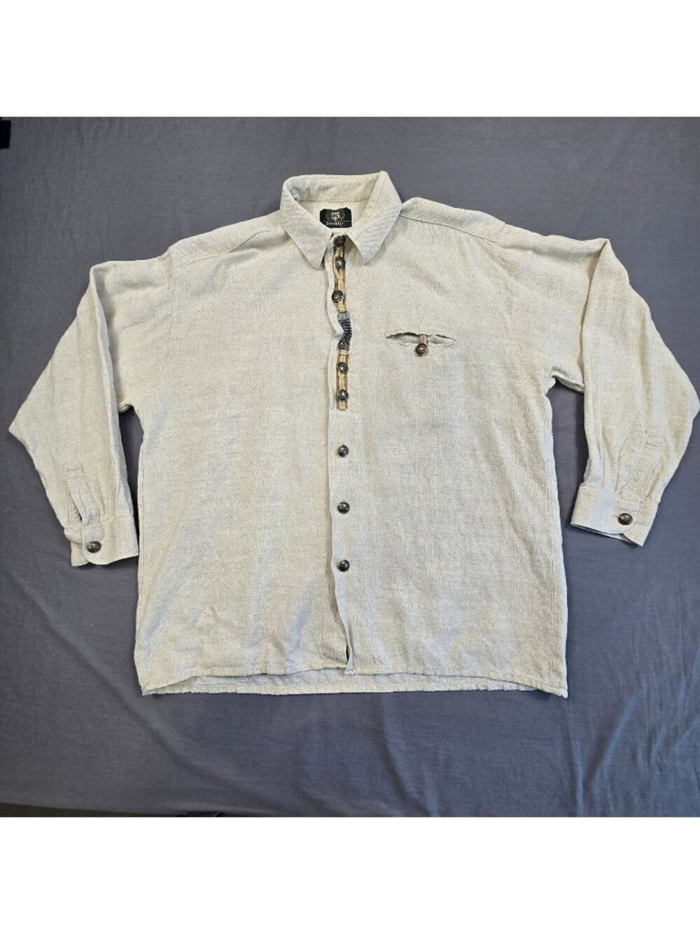 Trachten XL German Lederhosen Oktoberfest Shirt Beige Linen/Cotton Metal Buttons